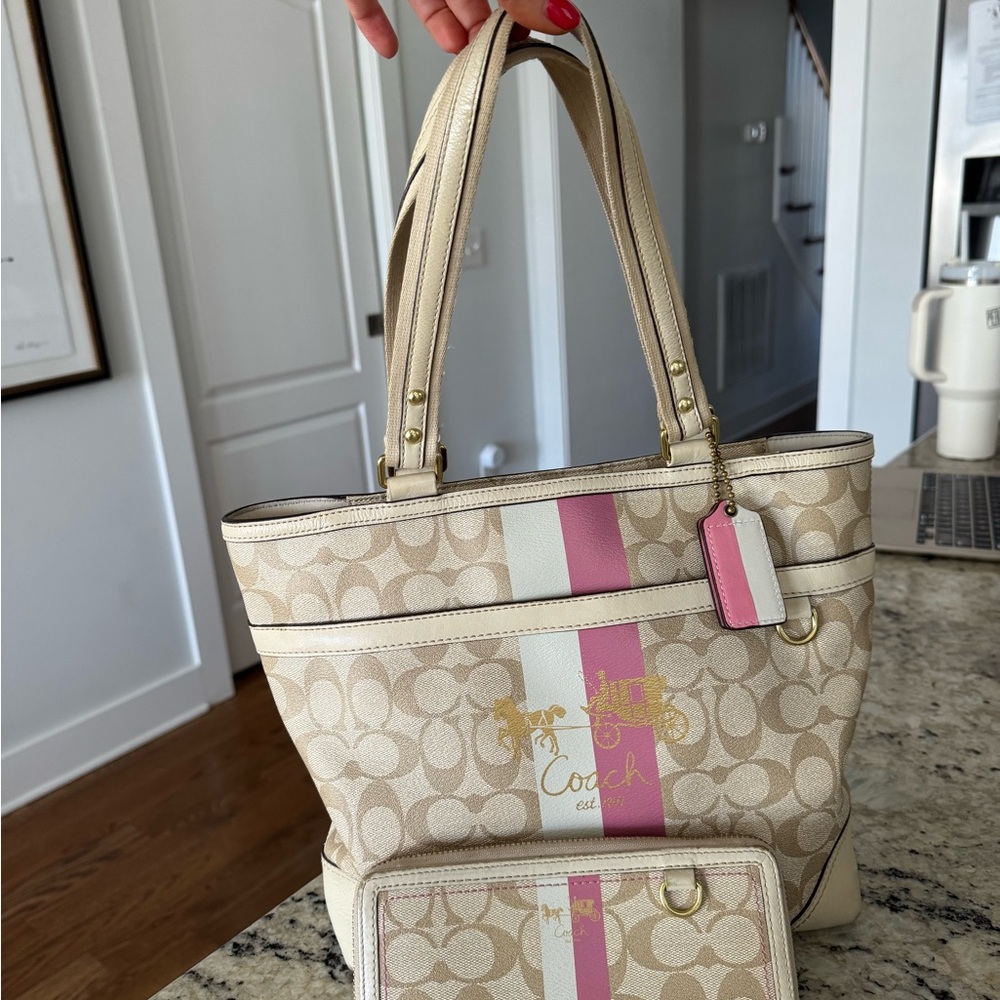 Coach Cream and Pink Signature Tote Bag w/ matching wallet